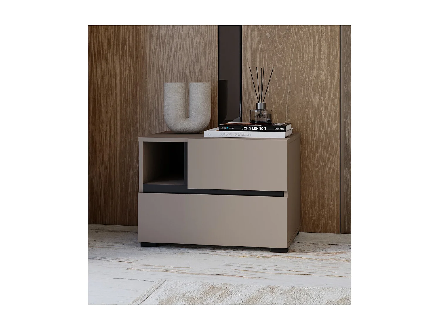 Mesa de cabeceira HAVANA bege e preta – 2 gavetas e 1 nicho – Armazenamento moderno e design elegante