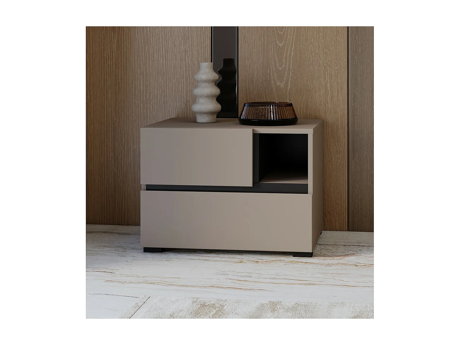 Mesa de cabeceira HAVANA bege e preta – 2 gavetas e 1 nicho – Armazenamento moderno e design elegante