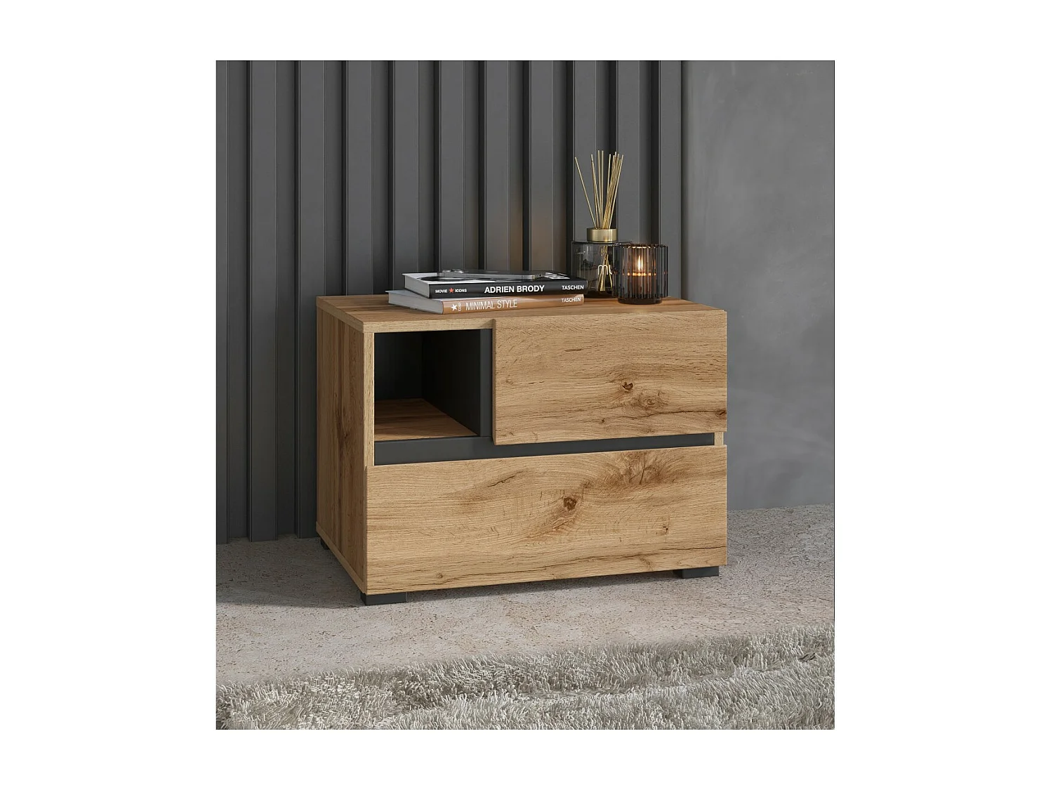 Table de chevet HAVANA chêne et noir – 2 tiroirs et 1 niche – Style naturel et rangement pratique