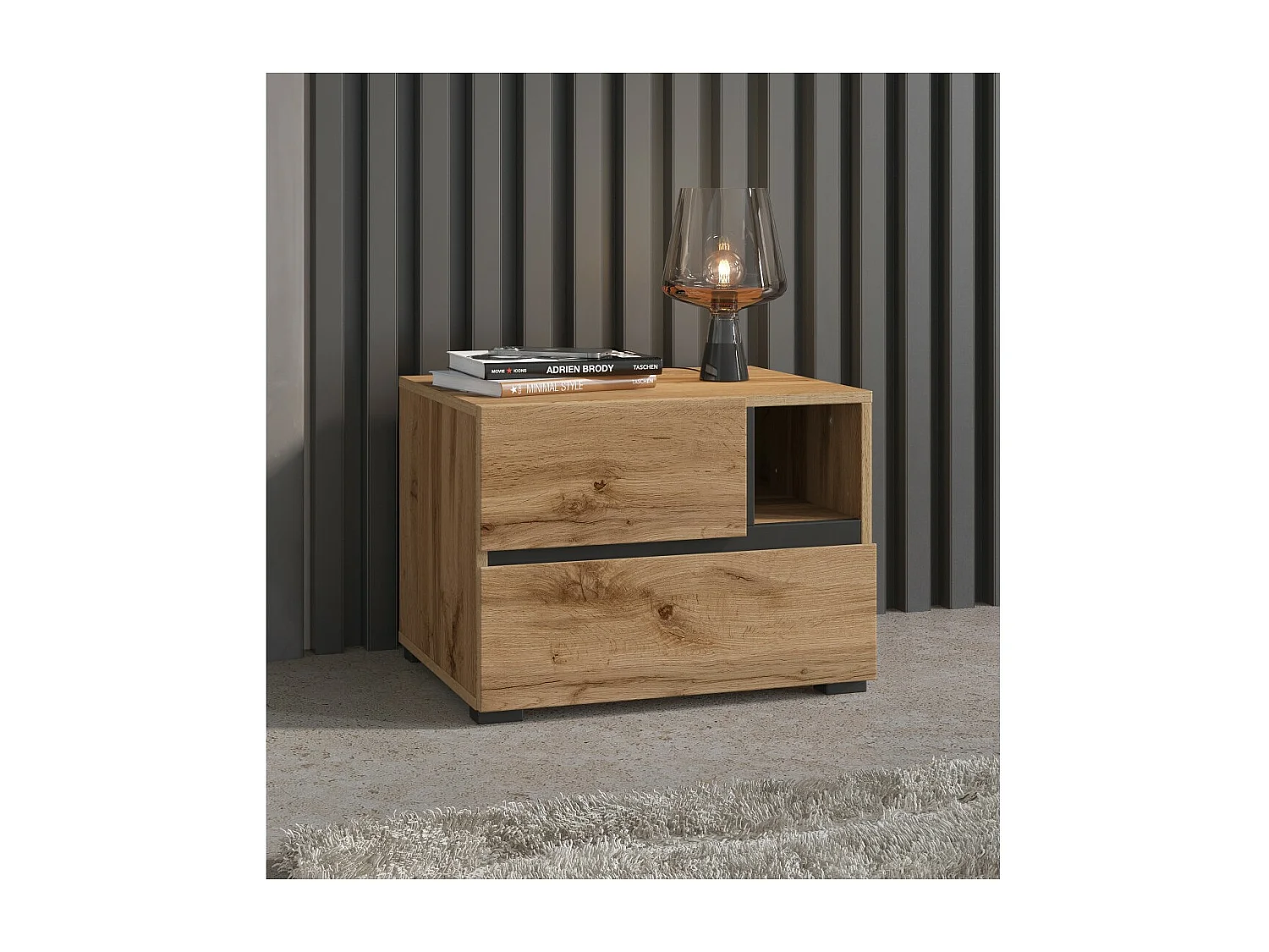 Mesa de cabeceira HAVANA carvalho e preto – 2 gavetas e 1 nicho – Estilo natural e armazenamento prático