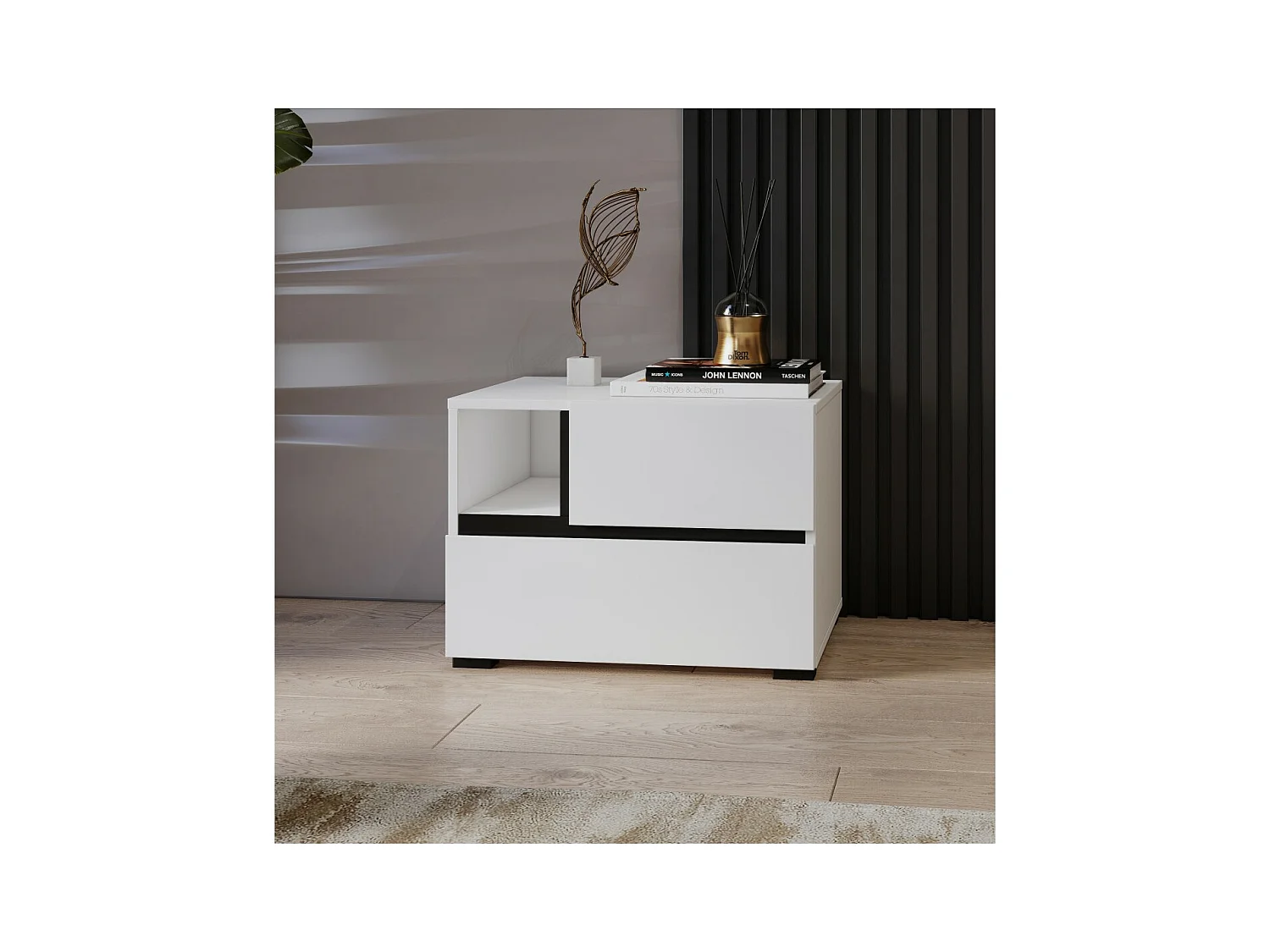 Mesa de cabeceira HAVANA branca e preta – 2 gavetas e 1 nicho – Design contemporâneo e funcional