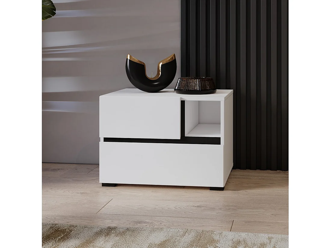 Mesa de noche HAVANA blanca y negra – 2 cajones y 1 compartimento – Diseño contemporáneo y funcional
