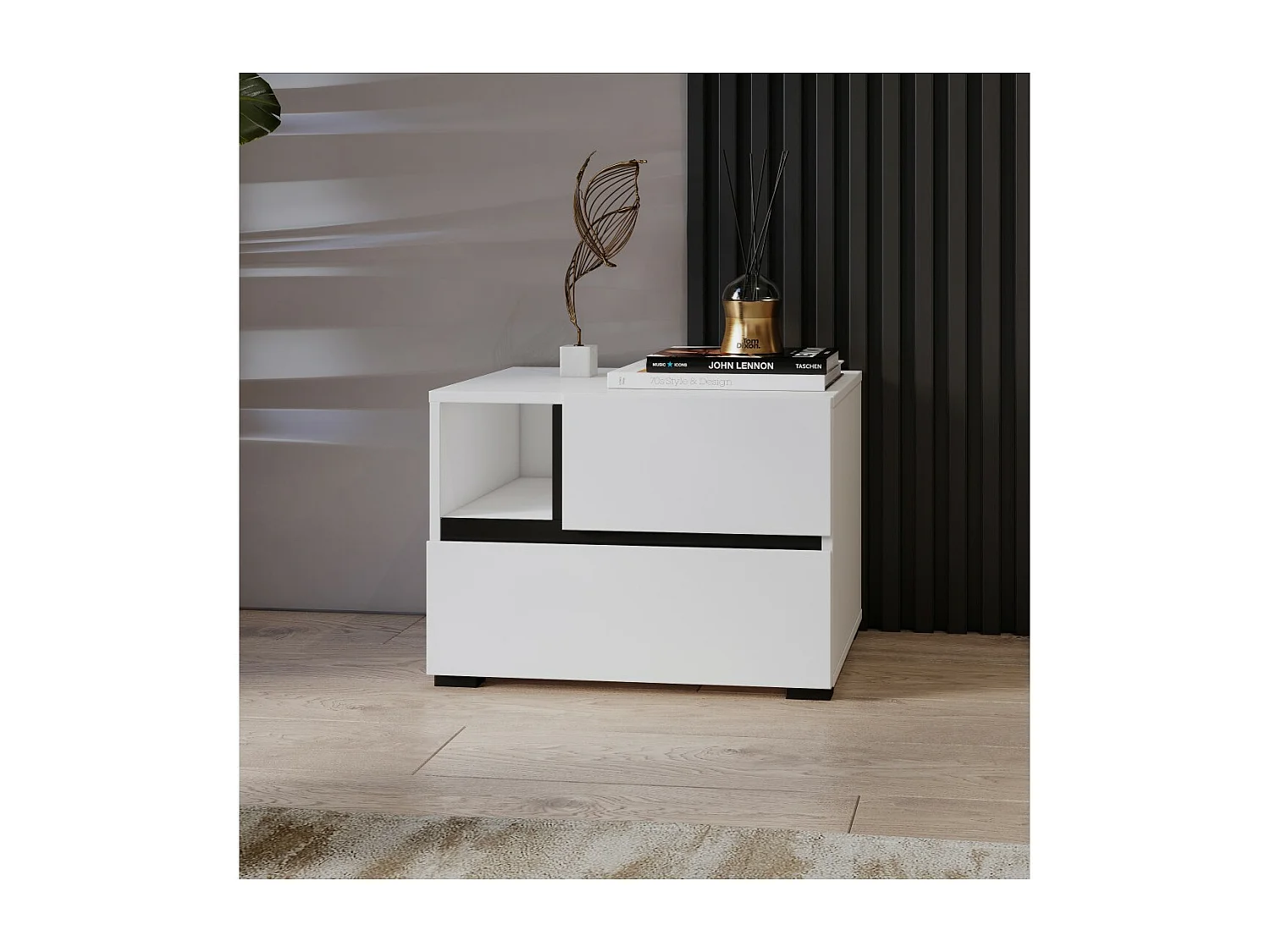 Mesa de noche HAVANA blanca y negra – 2 cajones y 1 compartimento – Diseño contemporáneo y funcional