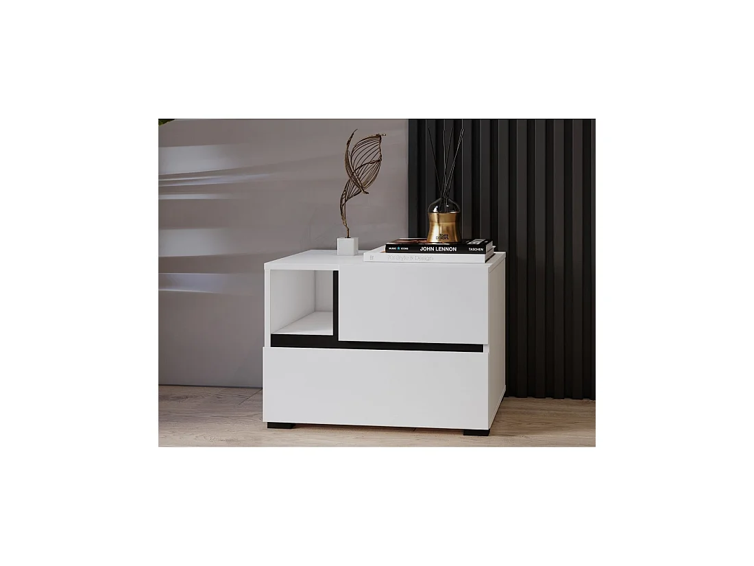Table de chevet HAVANA blanche et noire – 2 tiroirs et 1 niche – Design contemporain et fonctionnel