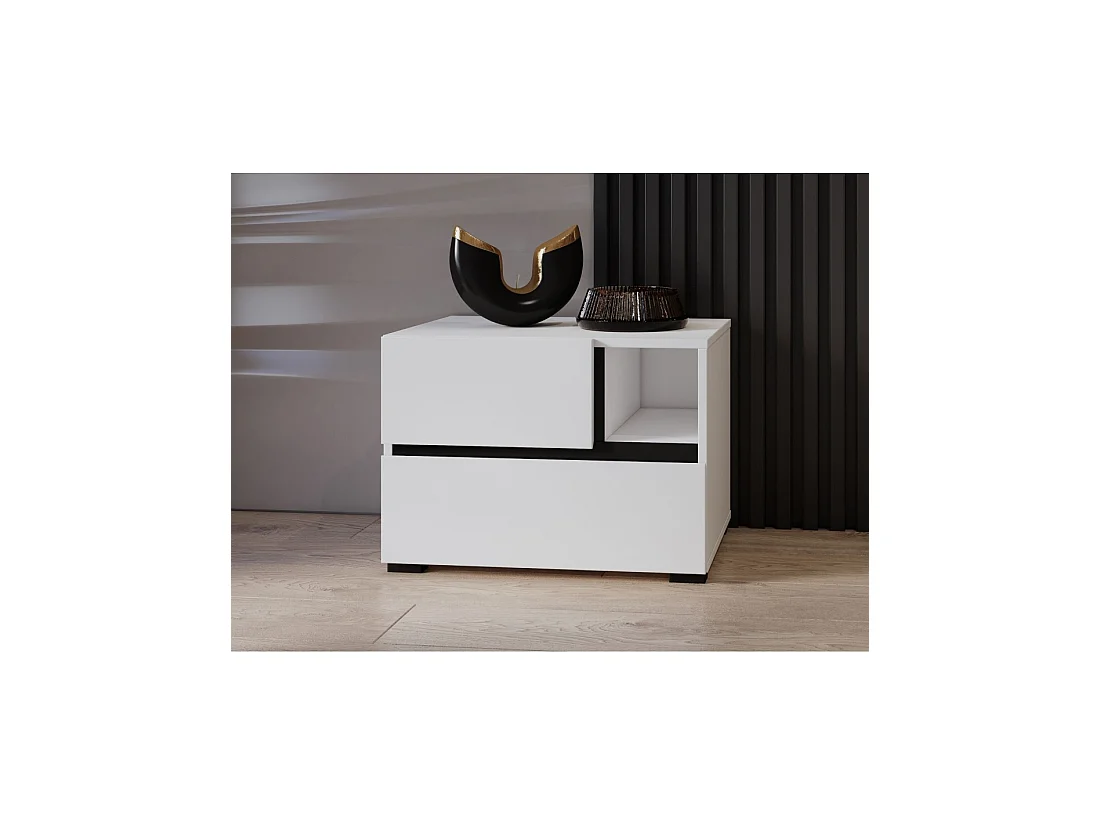 Table de chevet HAVANA blanche et noire – 2 tiroirs et 1 niche – Design contemporain et fonctionnel