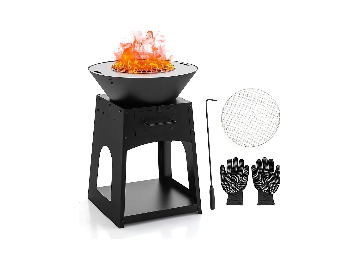 Brasero Foyer de Terrasse avec Rangement, Bol de Feu à Bois avec Grille et Boîte à Cendres Etagère, Tisonnier et Gants, Foyer Multifonctionnel pour Barbecue