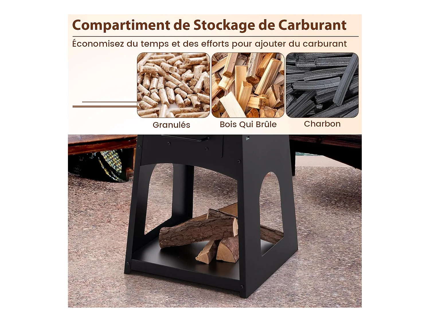 Brasero Foyer de Terrasse avec Rangement, Bol de Feu à Bois avec Grille et Boîte à Cendres Etagère, Tisonnier et Gants, Foyer Multifonctionnel pour Barbecue