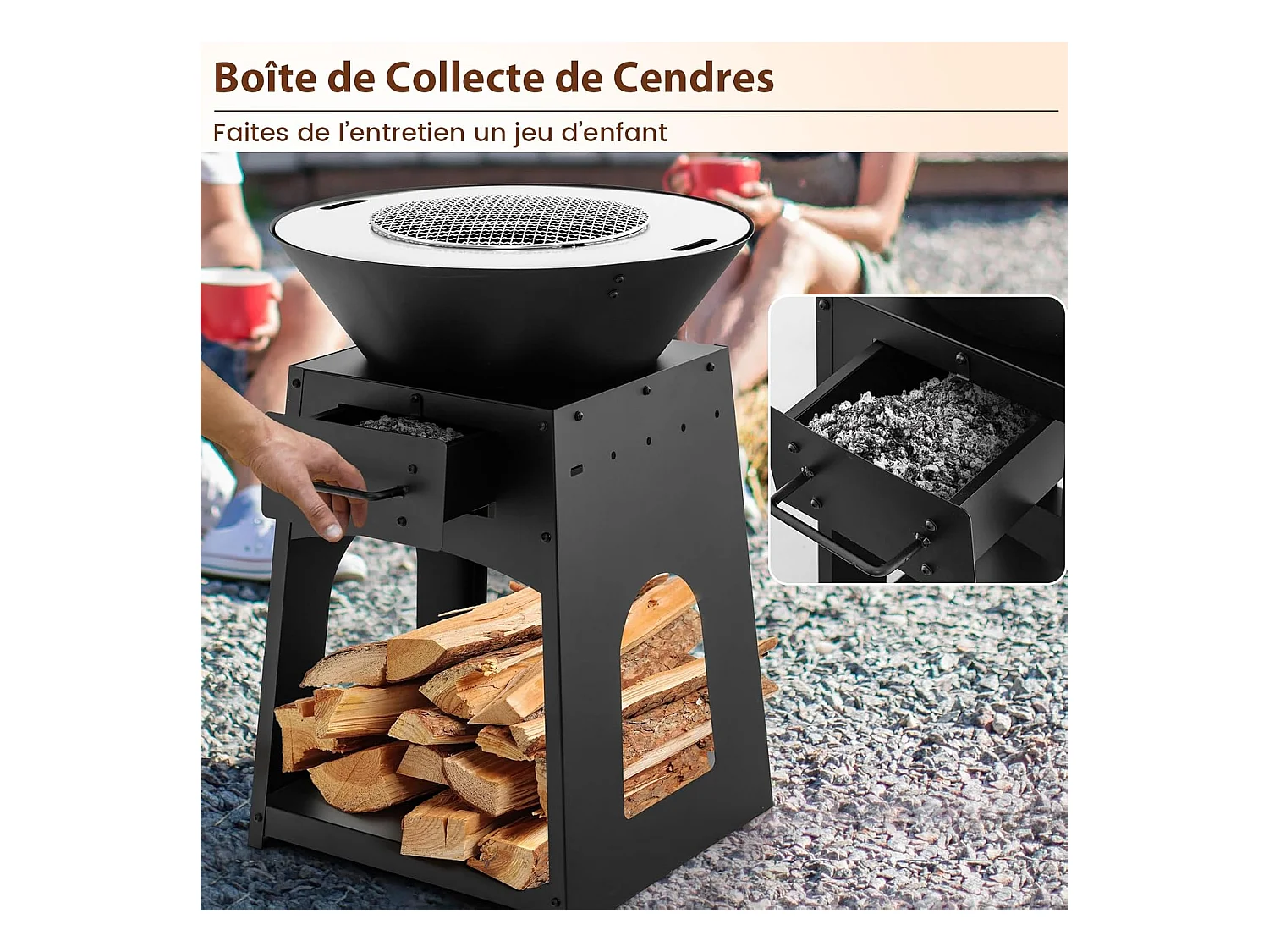 Brasero Foyer de Terrasse avec Rangement, Bol de Feu à Bois avec Grille et Boîte à Cendres Etagère, Tisonnier et Gants, Foyer Multifonctionnel pour Barbecue