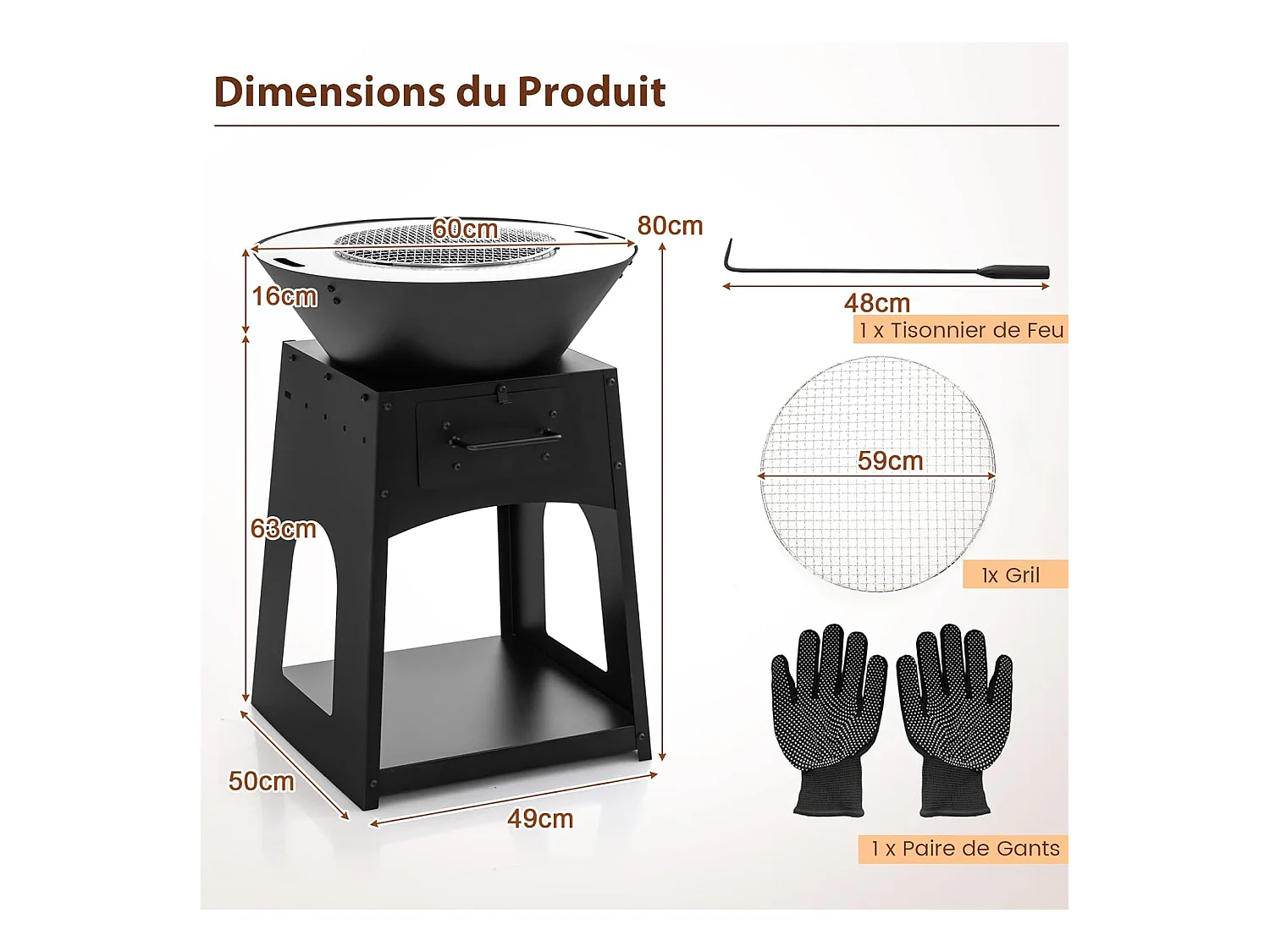 Brasero Foyer de Terrasse avec Rangement, Bol de Feu à Bois avec Grille et Boîte à Cendres Etagère, Tisonnier et Gants, Foyer Multifonctionnel pour Barbecue