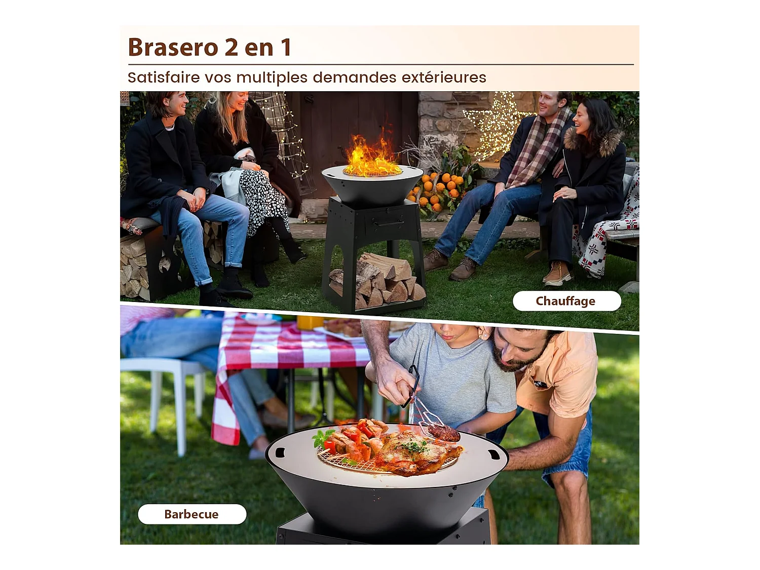Brasero Foyer de Terrasse avec Rangement, Bol de Feu à Bois avec Grille et Boîte à Cendres Etagère, Tisonnier et Gants, Foyer Multifonctionnel pour Barbecue