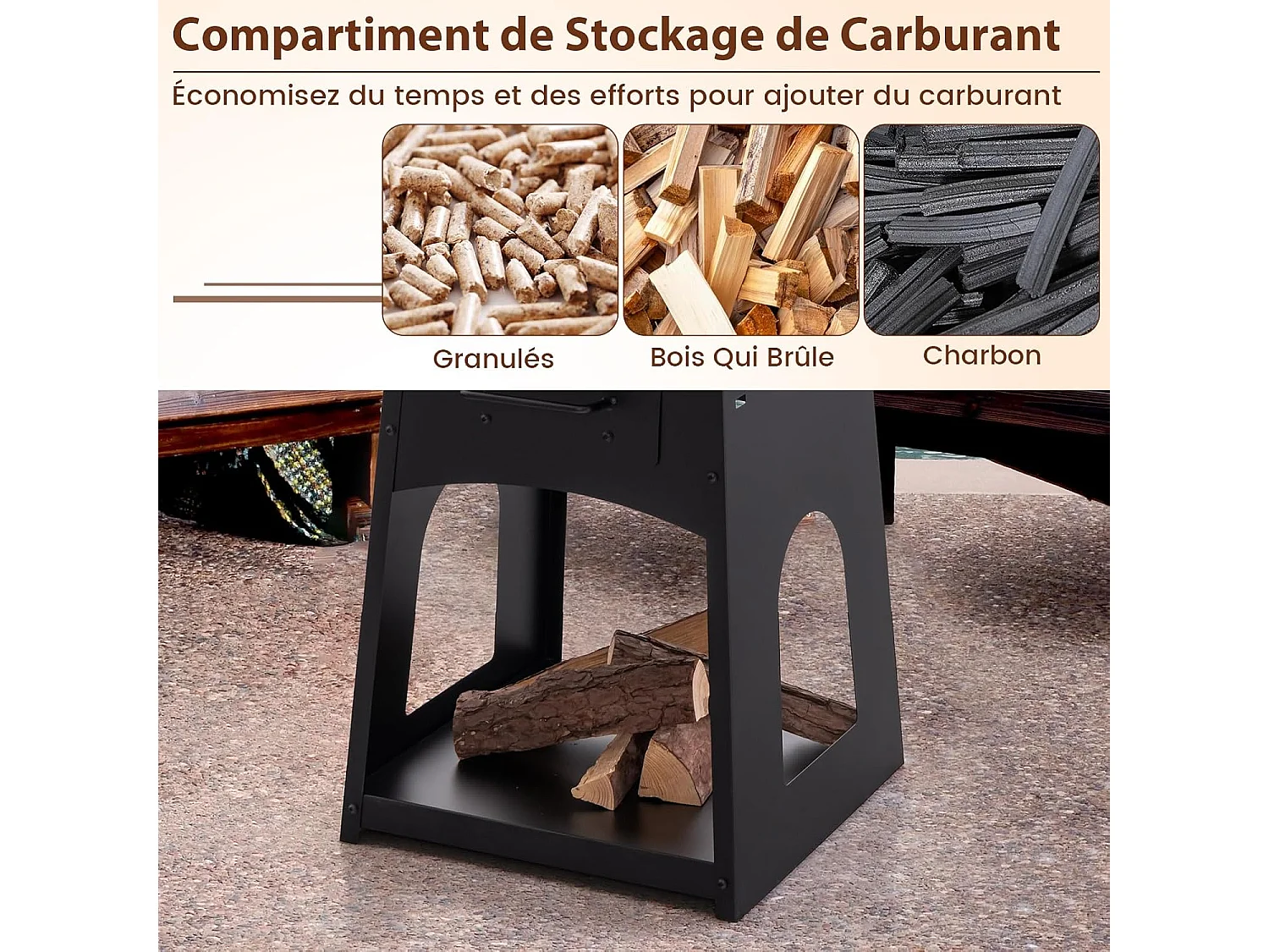 Brasero Foyer de Terrasse avec Rangement, Bol de Feu à Bois avec Grille et Boîte à Cendres Etagère, Tisonnier et Gants, Foyer Multifonctionnel pour Barbecue