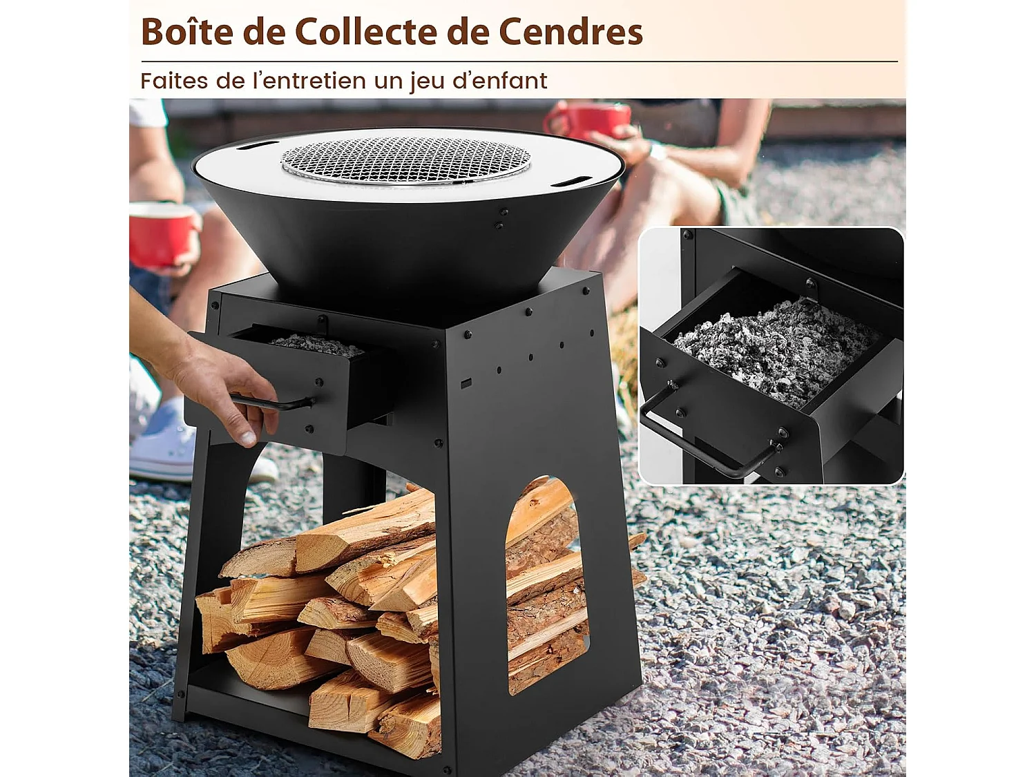 Brasero Foyer de Terrasse avec Rangement, Bol de Feu à Bois avec Grille et Boîte à Cendres Etagère, Tisonnier et Gants, Foyer Multifonctionnel pour Barbecue