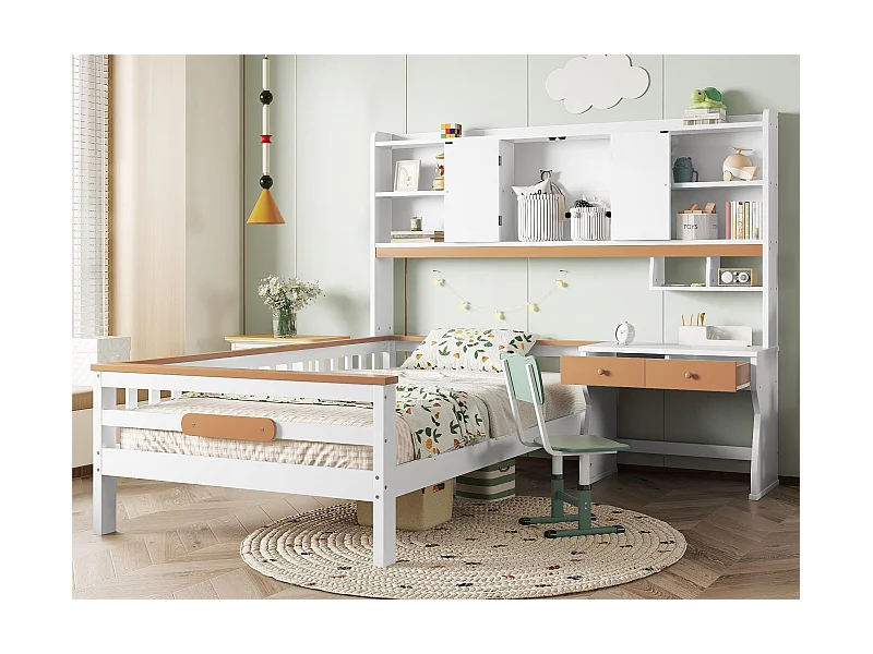 Kinderbett 90x200 cm aus Massivholz - mit Schubladen, Regal und Schreibtisch - mit Schutzgitter und Lattenrost - Weiß + Natur