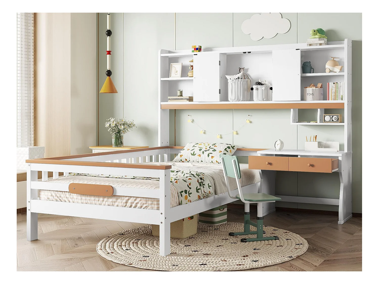 Cama infantil 90x200 cm en madera maciza - con cajones, estante y escritorio - con barandilla y somier de láminas - Blanco + Natural