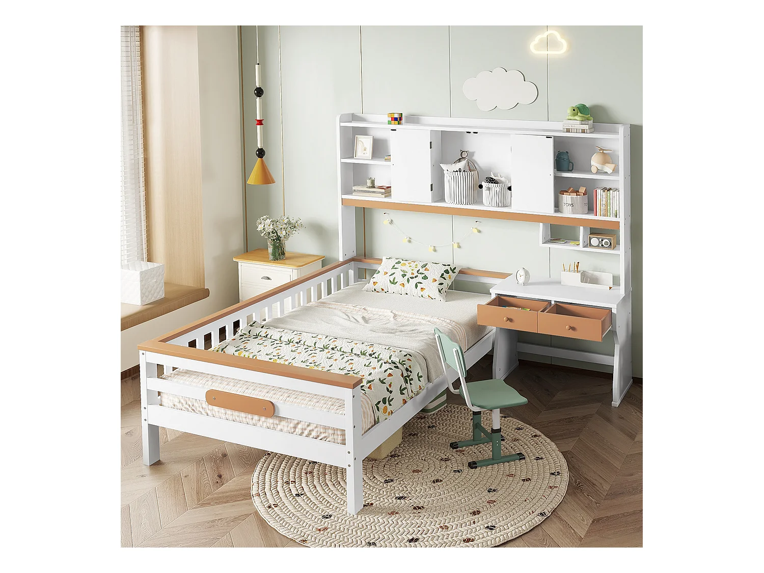 Cama infantil 90x200 cm en madera maciza - con cajones, estante y escritorio - con barandilla y somier de láminas - Blanco + Natural