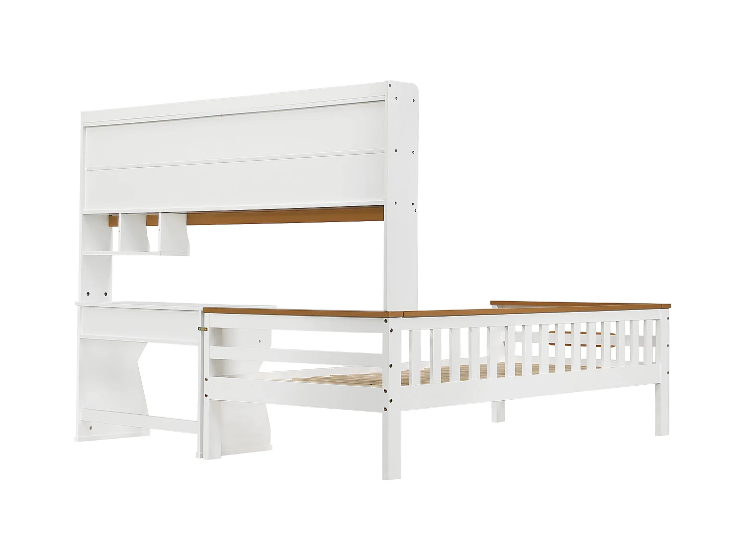 Cama infantil 90x200 cm en madera maciza - con cajones, estante y escritorio - con barandilla y somier de láminas - Blanco + Natural