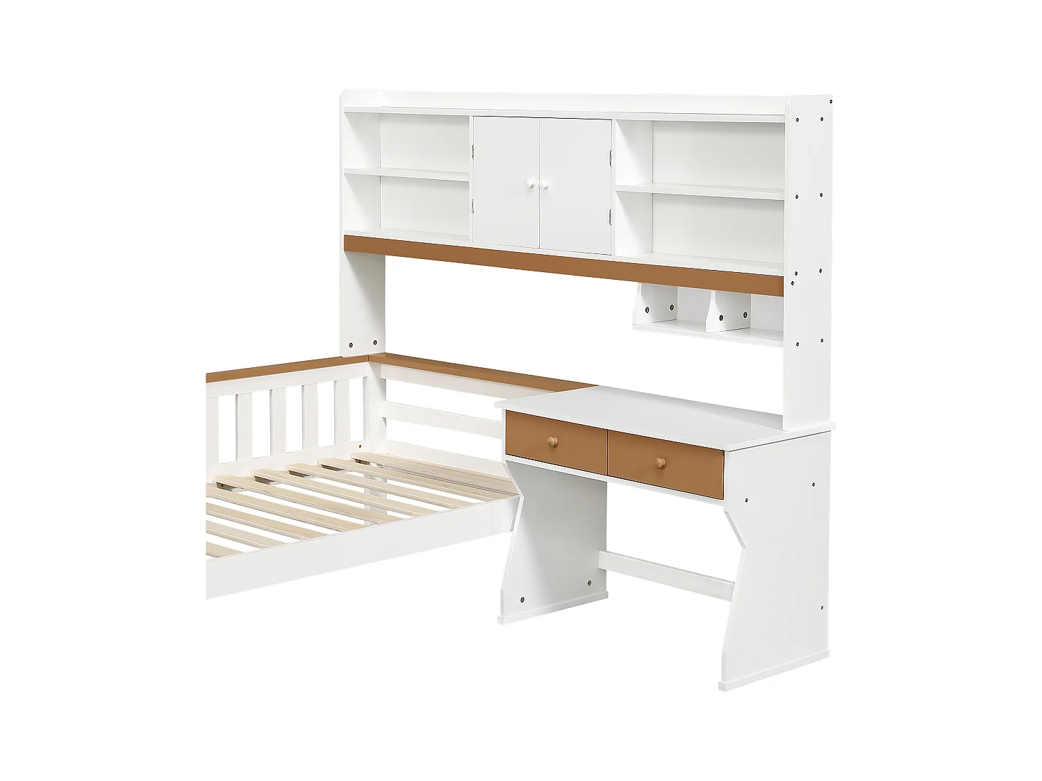 Cama infantil 90x200 cm en madera maciza - con cajones, estante y escritorio - con barandilla y somier de láminas - Blanco + Natural