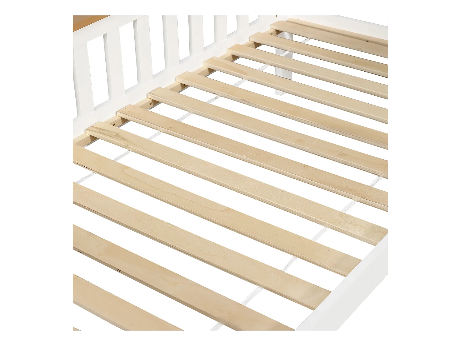 Lit enfant 90x200 cm en bois massif - avec tiroirs, étagère et bureau - avec garde-corps et sommier à lattes - Blanc + Naturel