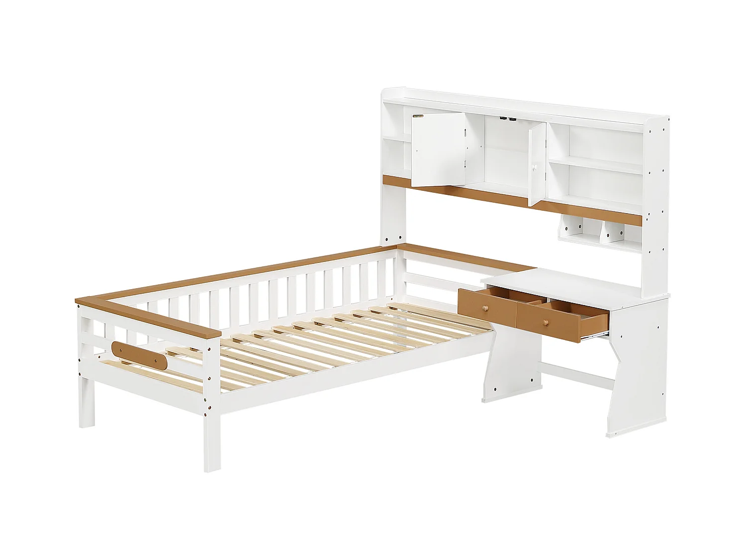 Lit enfant 90x200 cm en bois massif - avec tiroirs, étagère et bureau - avec garde-corps et sommier à lattes - Blanc + Naturel