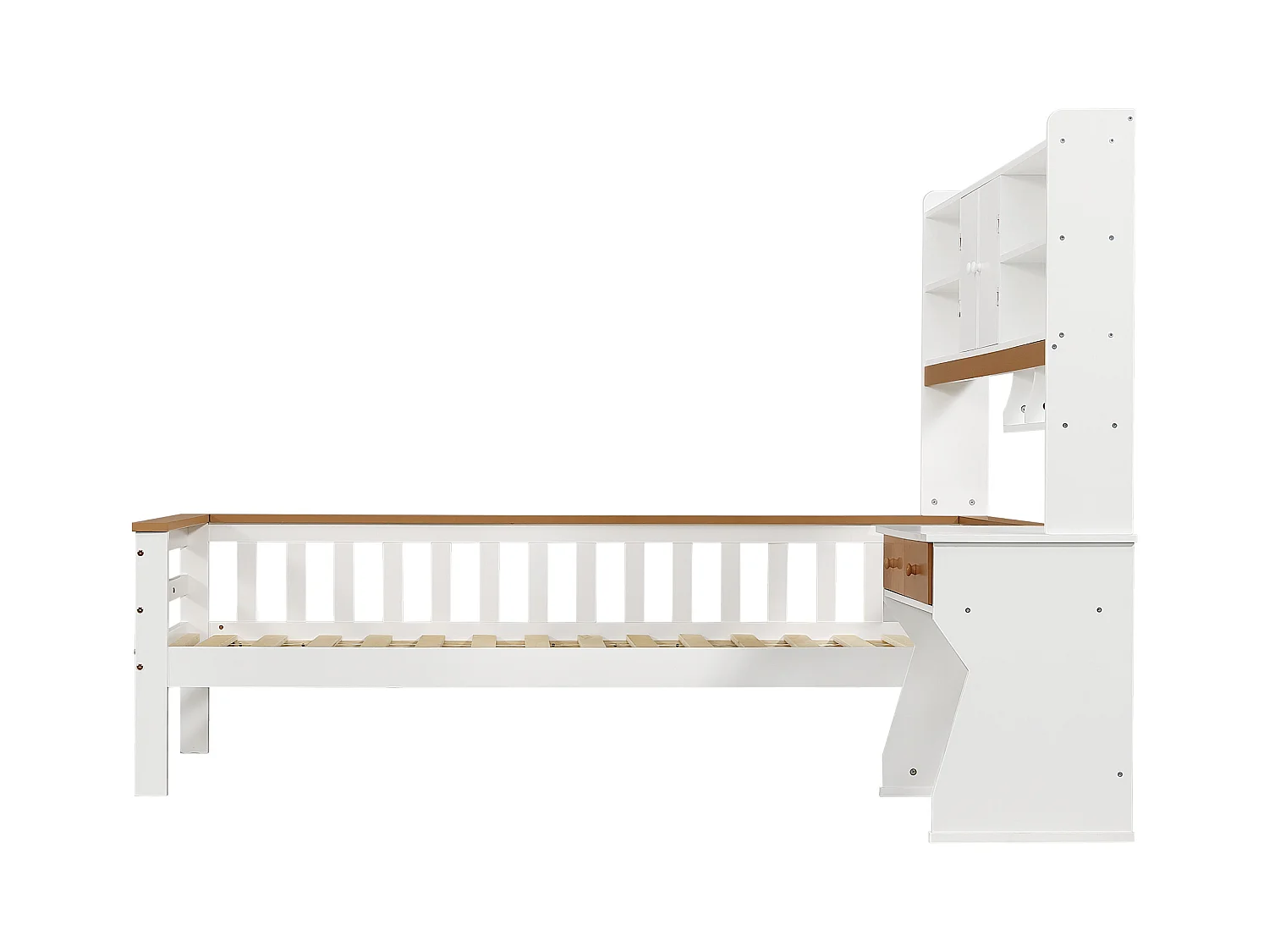 Lit enfant 90x200 cm en bois massif - avec tiroirs, étagère et bureau - avec garde-corps et sommier à lattes - Blanc + Naturel