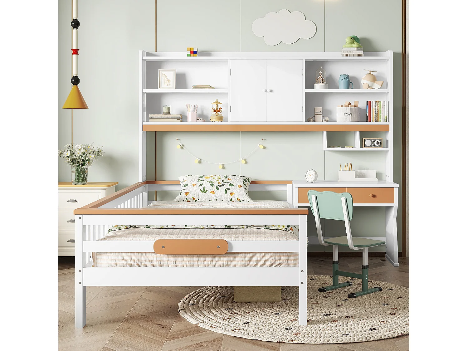 Kinderbett 90x200 cm aus Massivholz - mit Schubladen, Regal und Schreibtisch - mit Schutzgitter und Lattenrost - Weiß + Natur