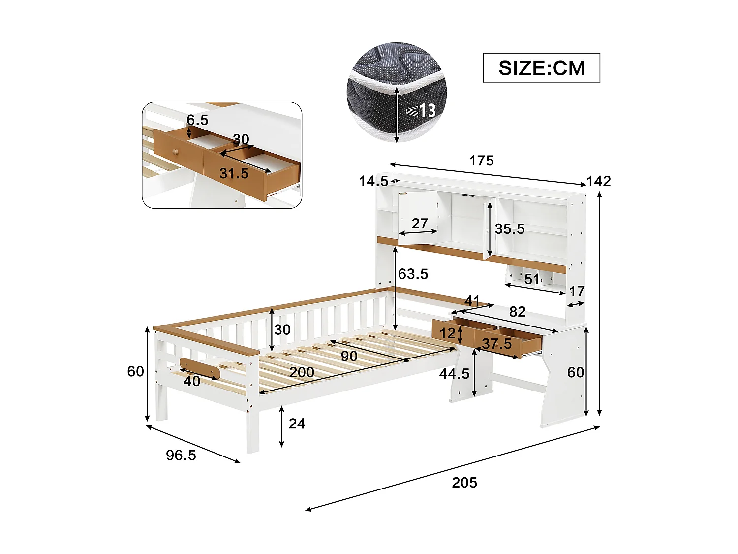 Kinderbett 90x200 cm aus Massivholz - mit Schubladen, Regal und Schreibtisch - mit Schutzgitter und Lattenrost - Weiß + Natur