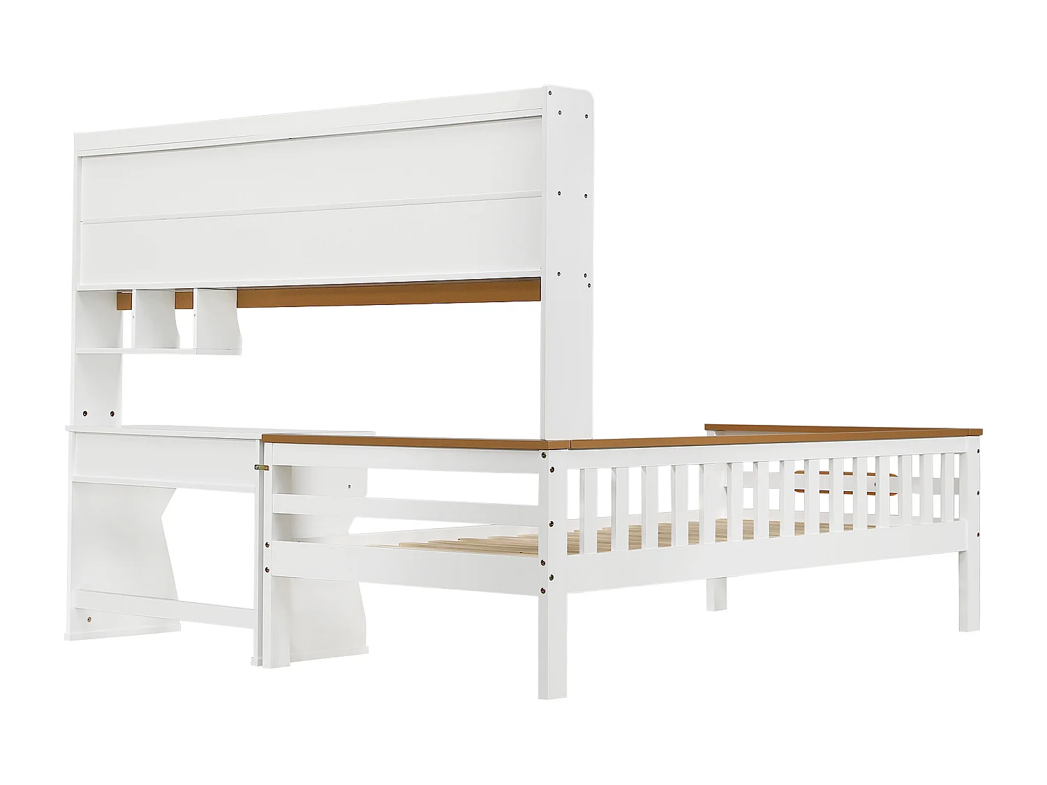 Kinderbett 90x200 cm aus Massivholz - mit Schubladen, Regal und Schreibtisch - mit Schutzgitter und Lattenrost - Weiß + Natur