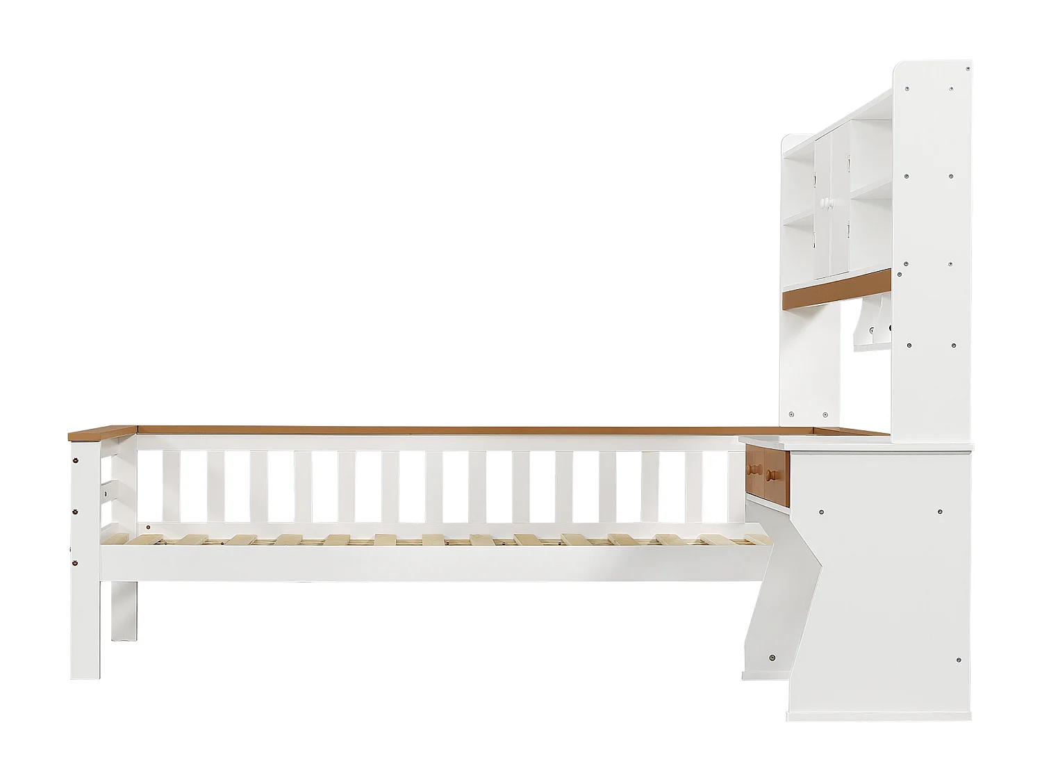 Kinderbett 90x200 cm aus Massivholz - mit Schubladen, Regal und Schreibtisch - mit Schutzgitter und Lattenrost - Weiß + Natur