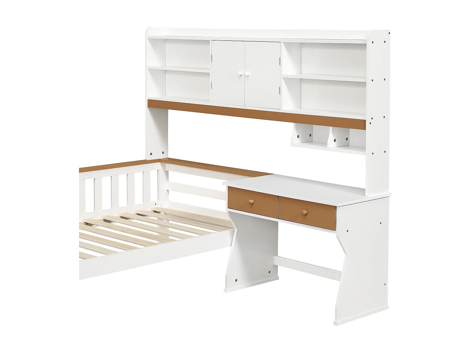 Kinderbett 90x200 cm aus Massivholz - mit Schubladen, Regal und Schreibtisch - mit Schutzgitter und Lattenrost - Weiß + Natur