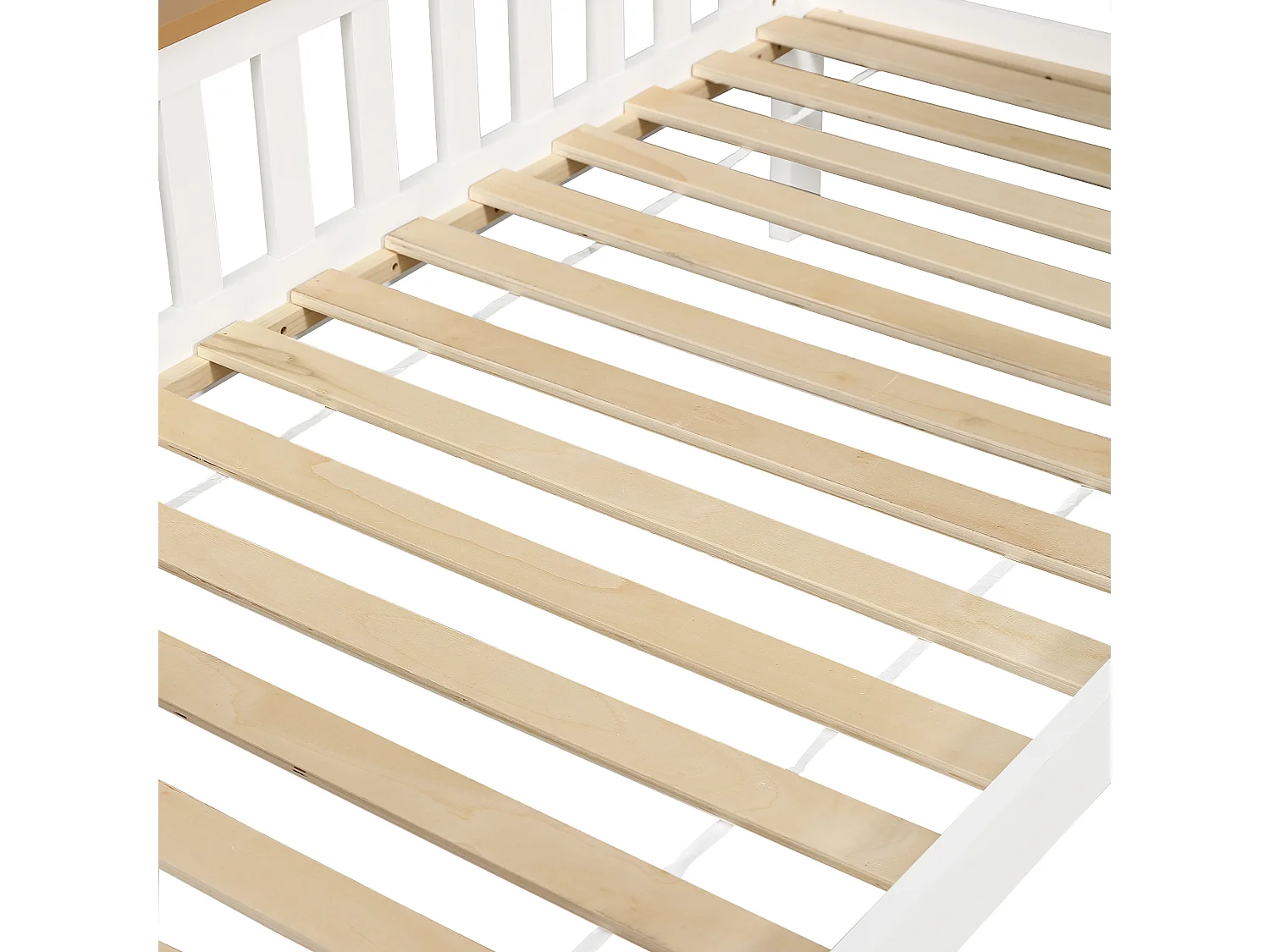 Kinderbett 90x200 cm aus Massivholz - mit Schubladen, Regal und Schreibtisch - mit Schutzgitter und Lattenrost - Weiß + Natur