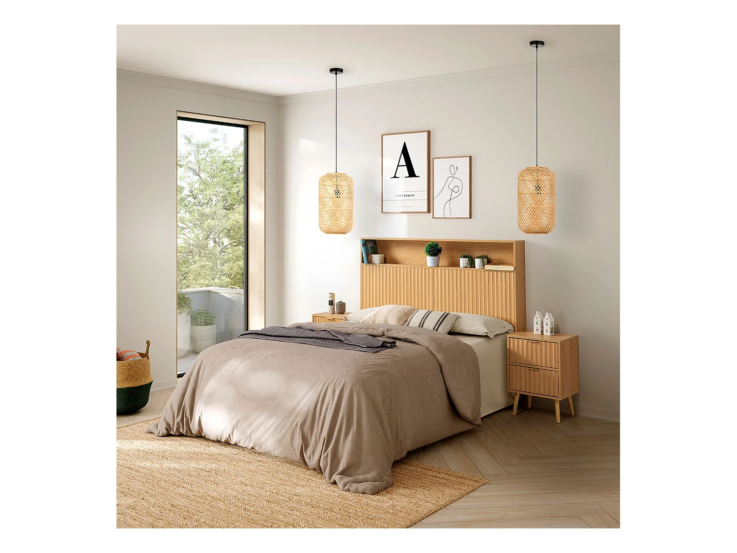 Cabecero de cama Lluvia 145 cm con almacenamiento color Roble