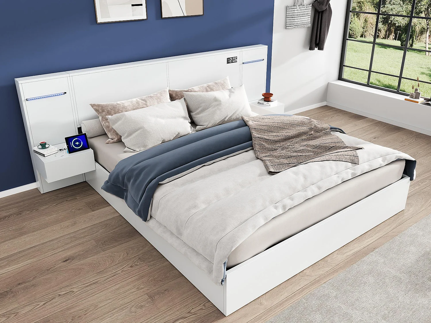 Lit adulte en bois 160x200 cm - avec 2 tables de chevet - avec port de chargement USB, haut-parleur Bluetooth et horloge numérique - Blanc