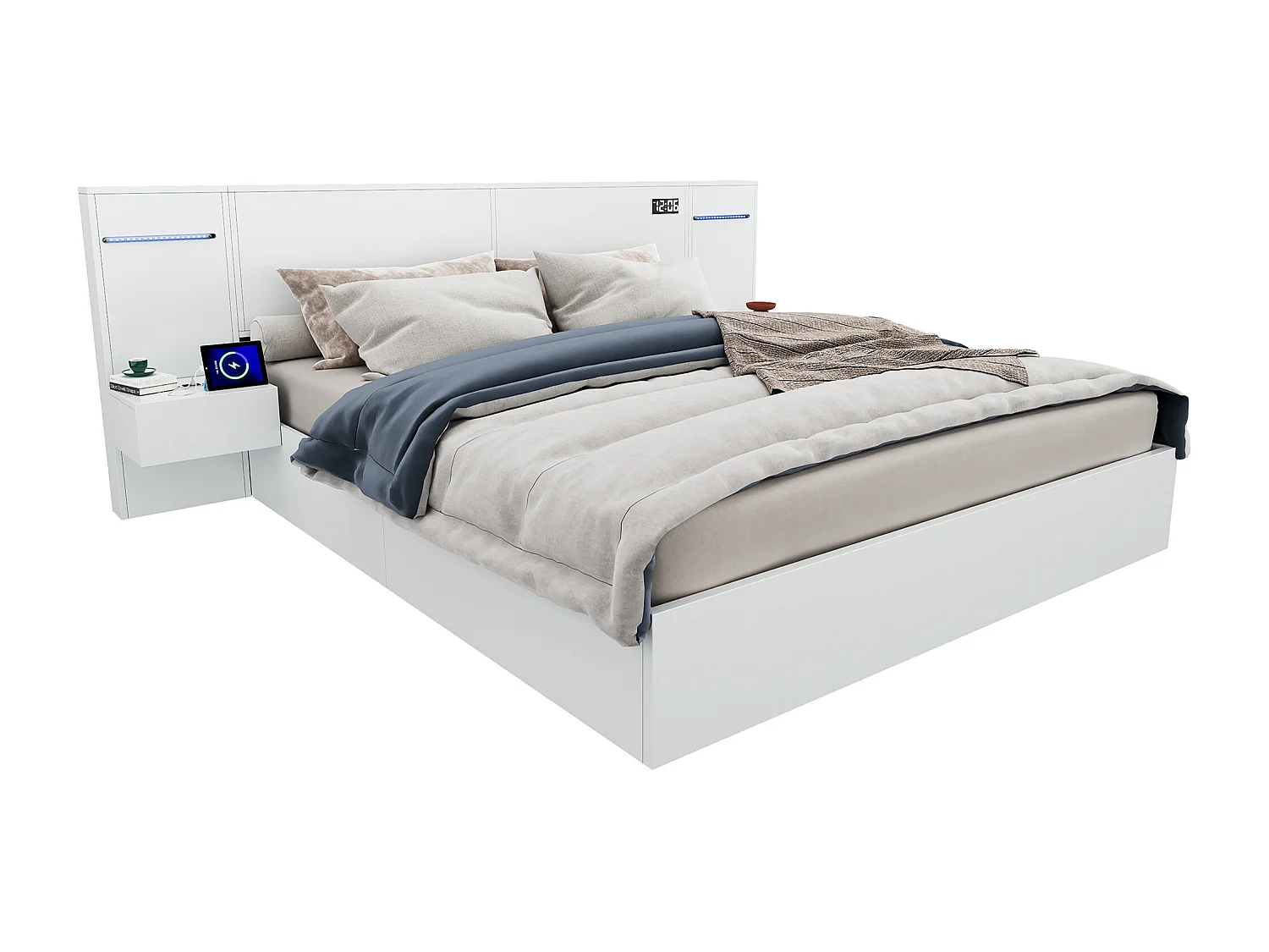 Lit adulte en bois 160x200 cm - avec 2 tables de chevet - avec port de chargement USB, haut-parleur Bluetooth et horloge numérique - Blanc