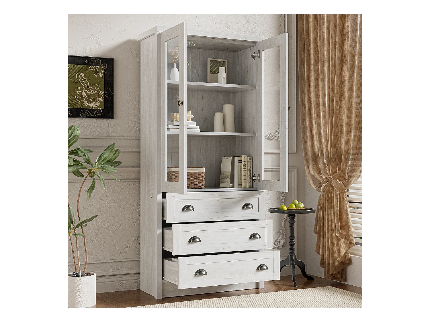 Vitrine 80x34x171 cm - avec 2 portes vitrées - 3 tiroirs - girs + naturel