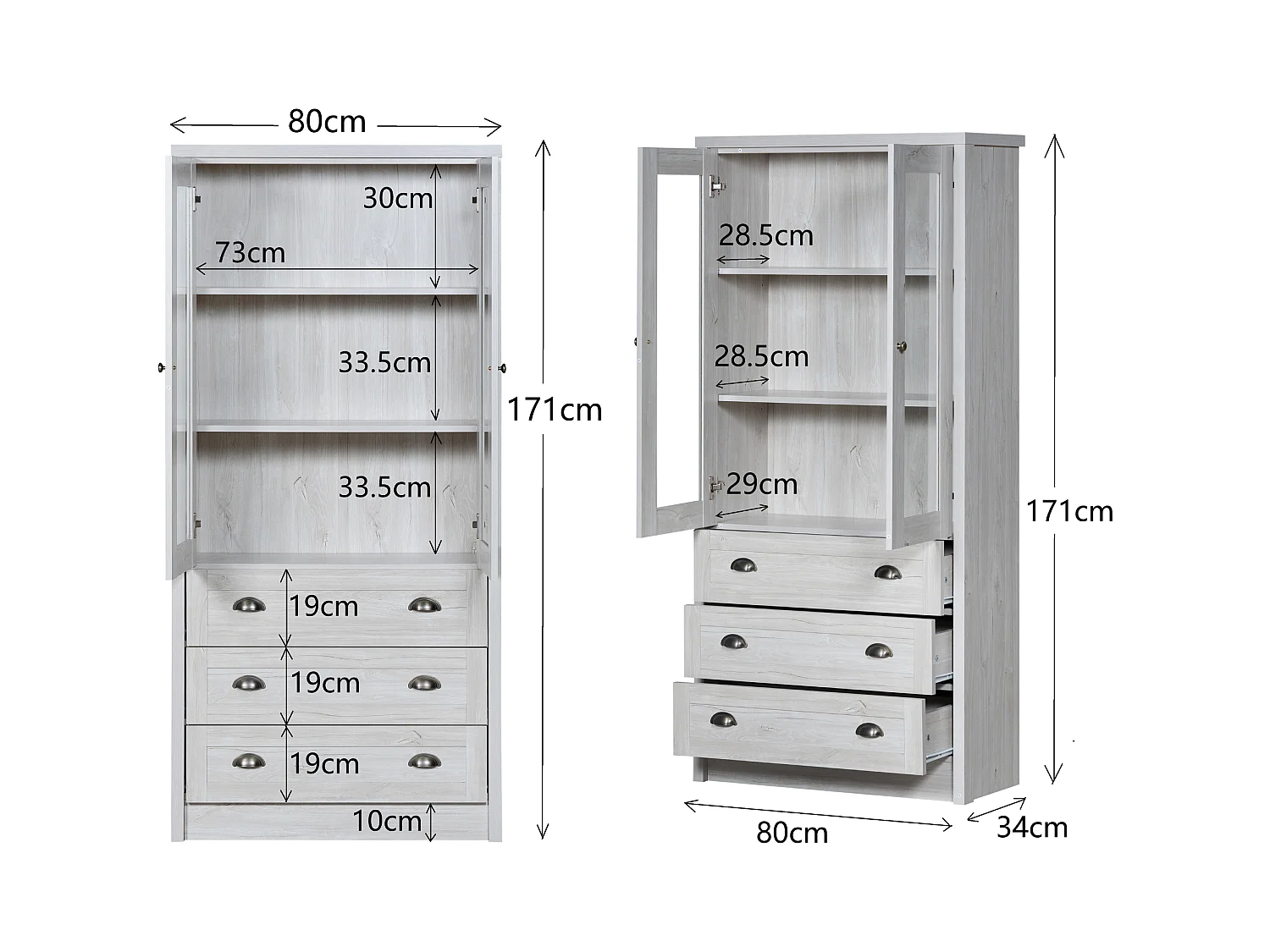 Vitrine 80x34x171 cm - avec 2 portes vitrées - 3 tiroirs - girs + naturel