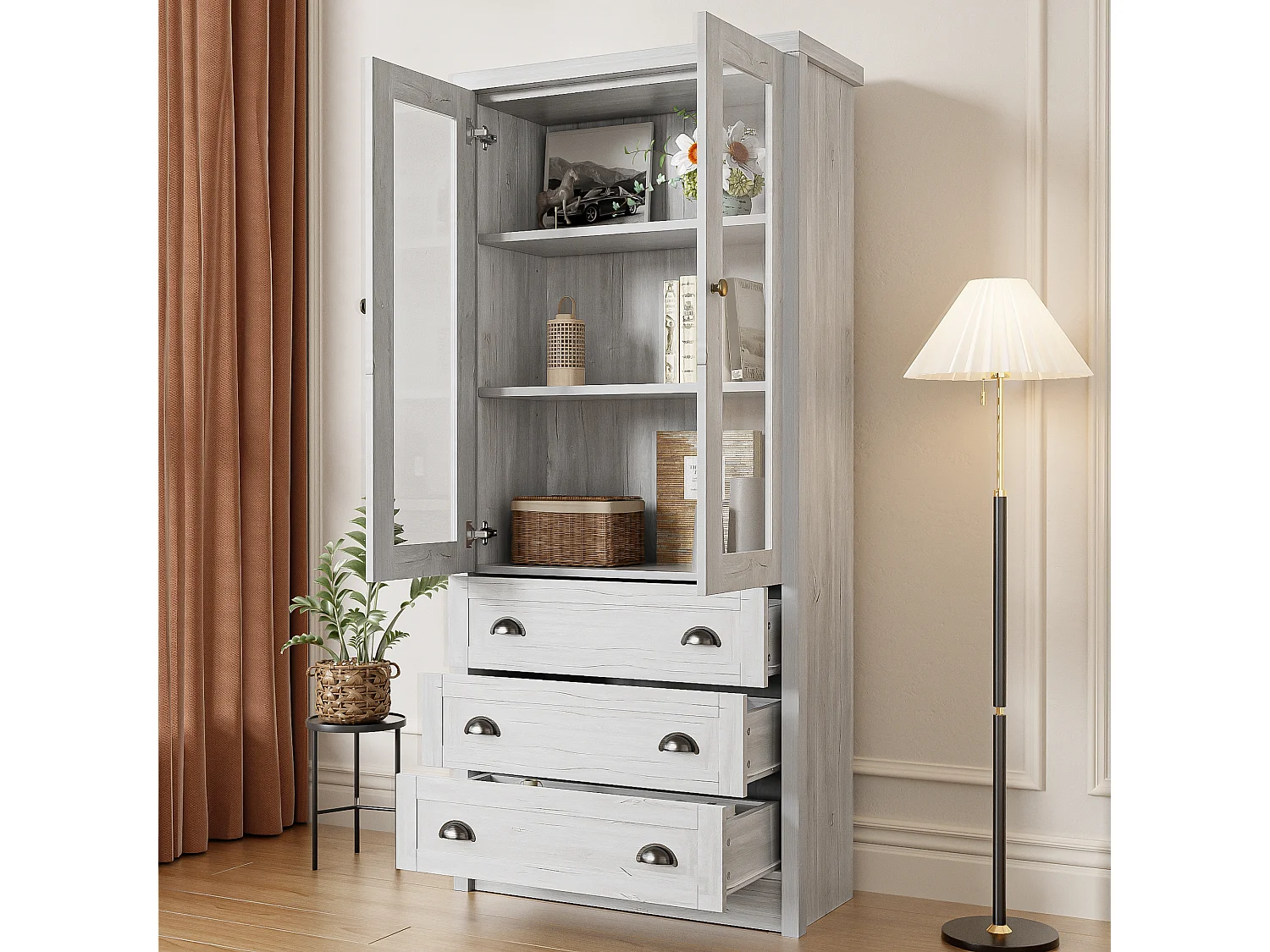 Vitrine 80x34x171 cm - avec 2 portes vitrées - 3 tiroirs - girs + naturel