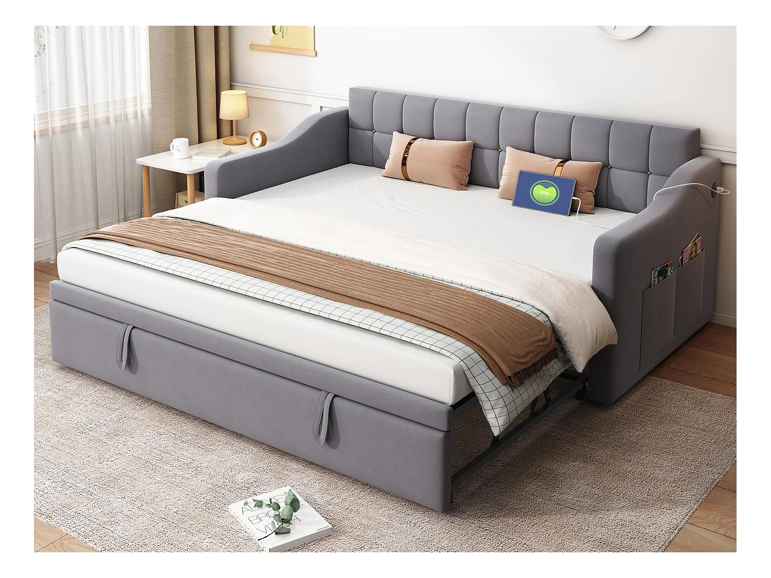 Canapé-lit capitonné 90/180x190 cm - velours - avec prise de courant - poche de rangement - Gris (matelas non inclus)