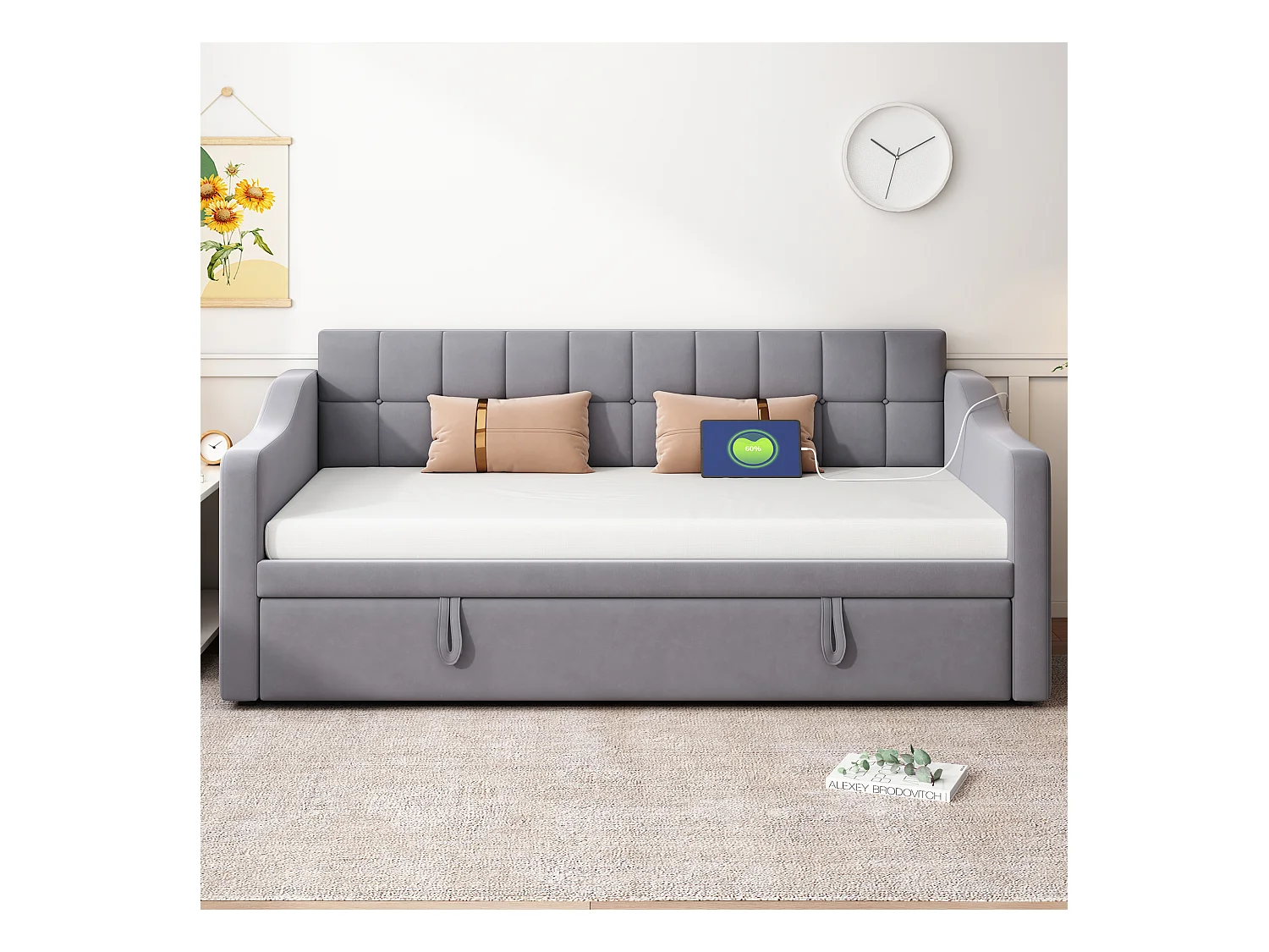 Canapé-lit capitonné 90/180x190 cm - velours - avec prise de courant - poche de rangement - Gris (matelas non inclus)