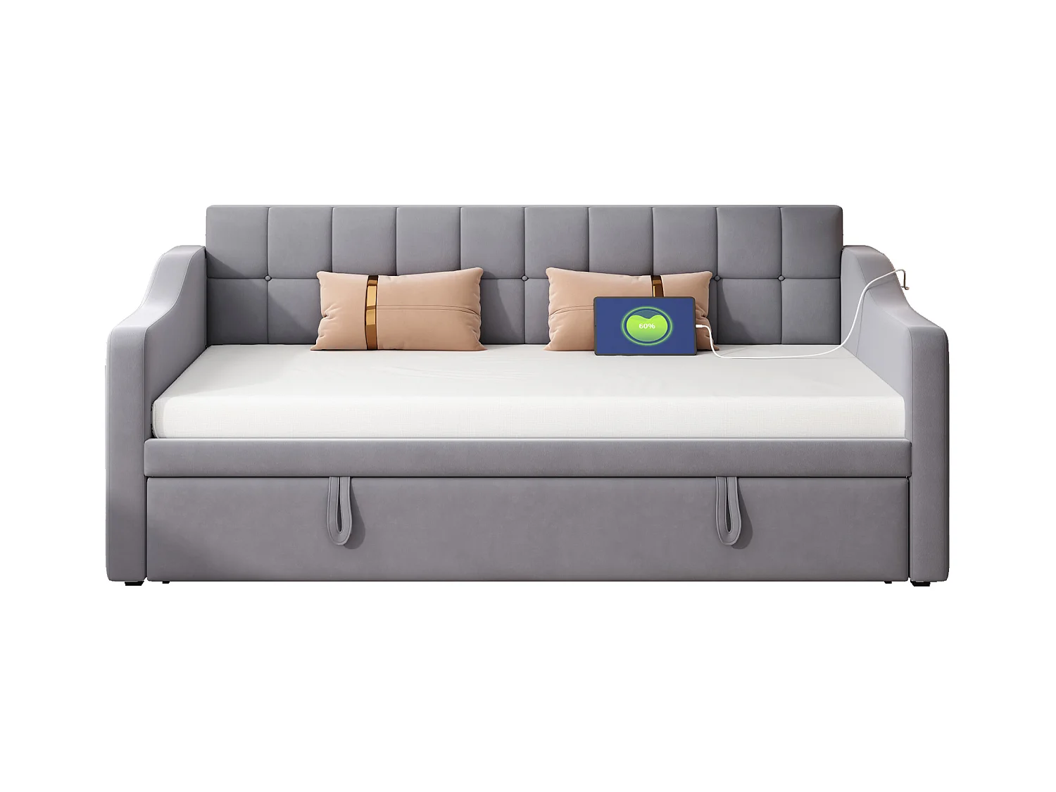 Canapé-lit capitonné 90/180x190 cm - velours - avec prise de courant - poche de rangement - Gris (matelas non inclus)