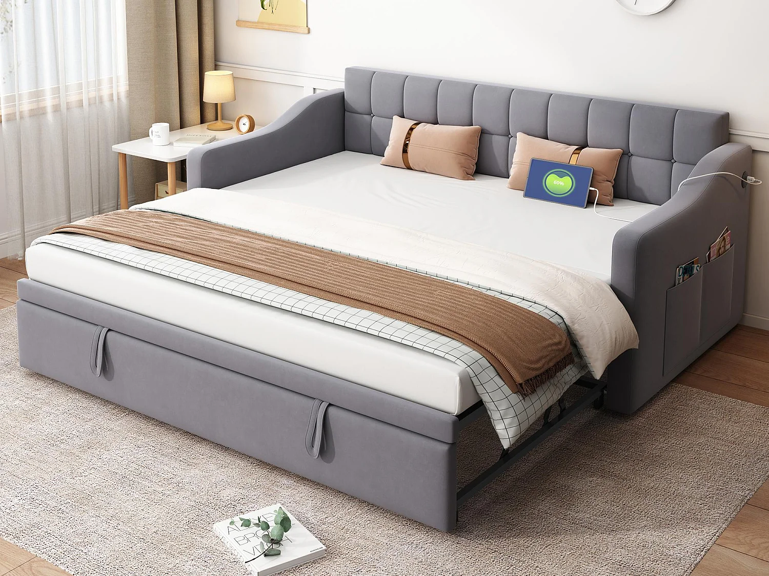 Canapé-lit capitonné 90/180x190 cm - velours - avec prise de courant - poche de rangement - Gris (matelas non inclus)