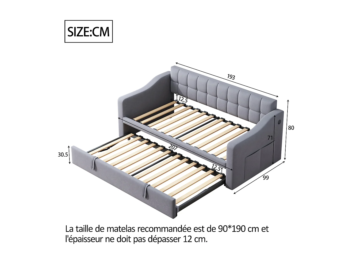 Canapé-lit capitonné 90/180x190 cm - velours - avec prise de courant - poche de rangement - Gris (matelas non inclus)
