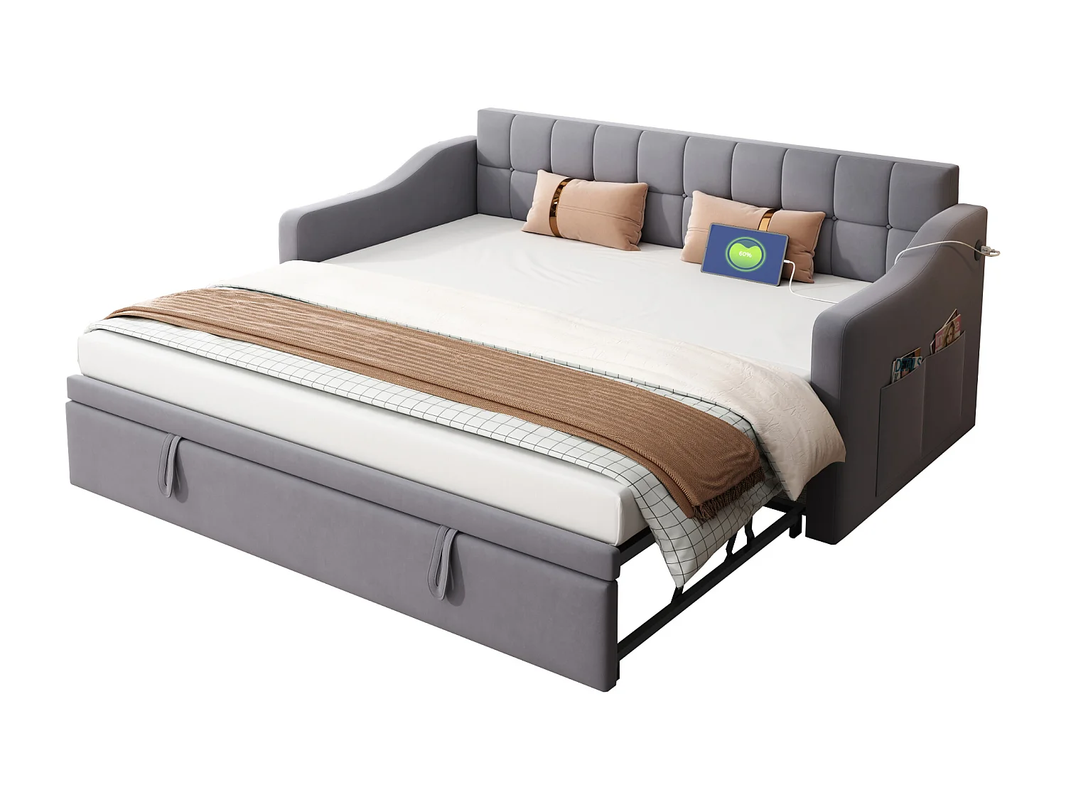 Canapé-lit capitonné 90/180x190 cm - velours - avec prise de courant - poche de rangement - Gris (matelas non inclus)