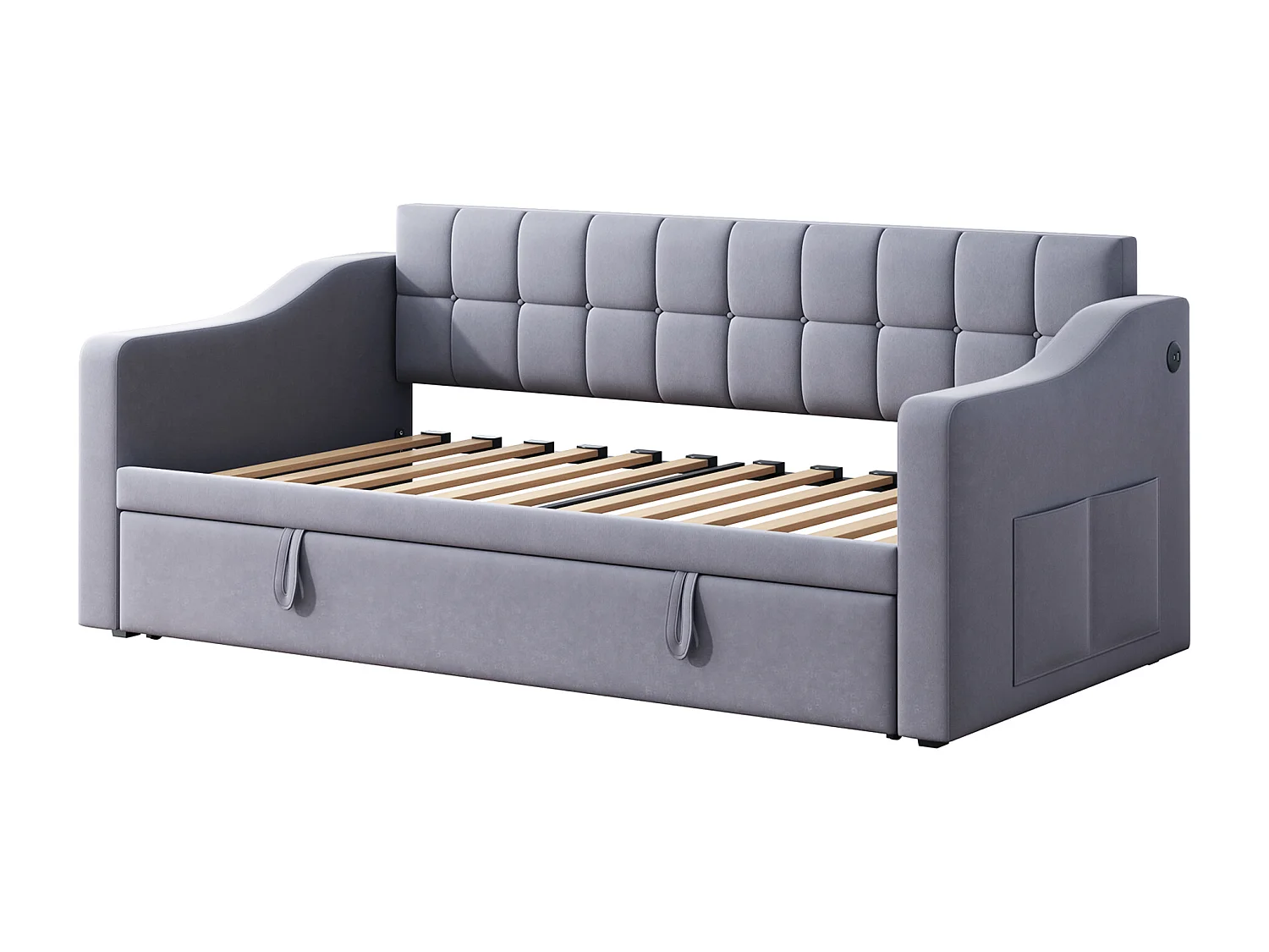 Canapé-lit capitonné 90/180x190 cm - velours - avec prise de courant - poche de rangement - Gris (matelas non inclus)