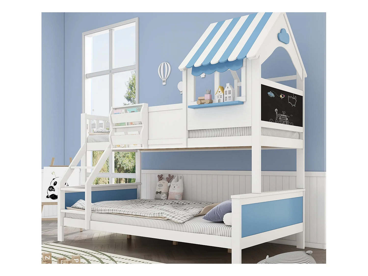 Stapelbed 90x200cm + 120x200cm - massief hout - met bedhek - met dakvorm - Wit + Blauw