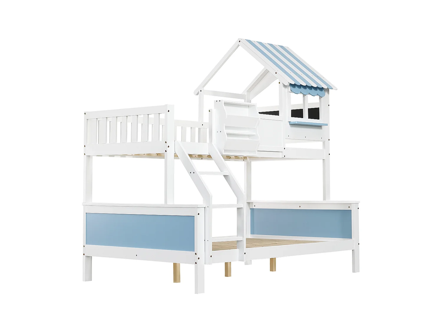 Stapelbed 90x200cm + 120x200cm - massief hout - met bedhek - met dakvorm - Wit + Blauw