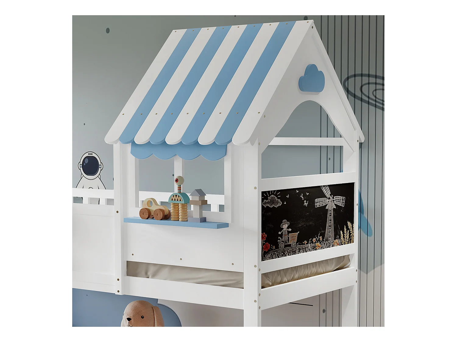 Stapelbed 90x200cm + 120x200cm - massief hout - met bedhek - met dakvorm - Wit + Blauw