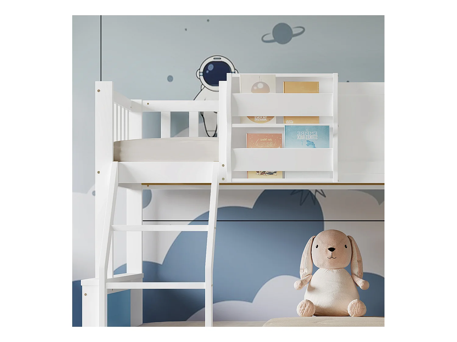 Stapelbed 90x200cm + 120x200cm - massief hout - met bedhek - met dakvorm - Wit + Blauw