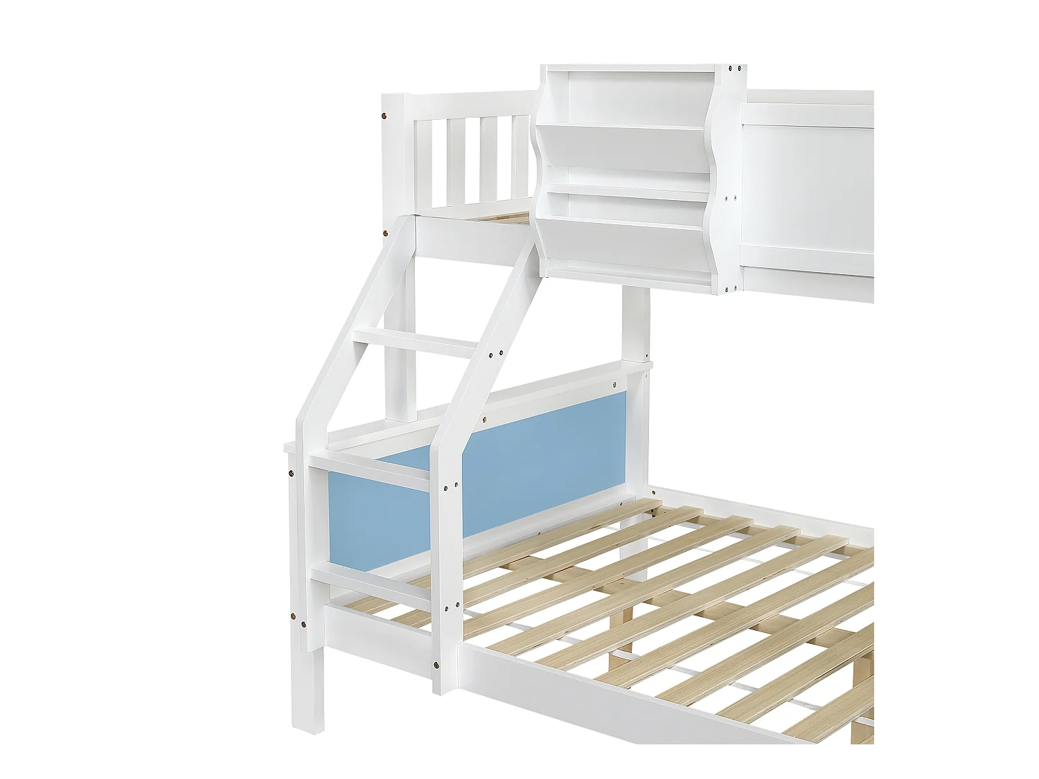 Stapelbed 90x200cm + 120x200cm - massief hout - met bedhek - met dakvorm - Wit + Blauw