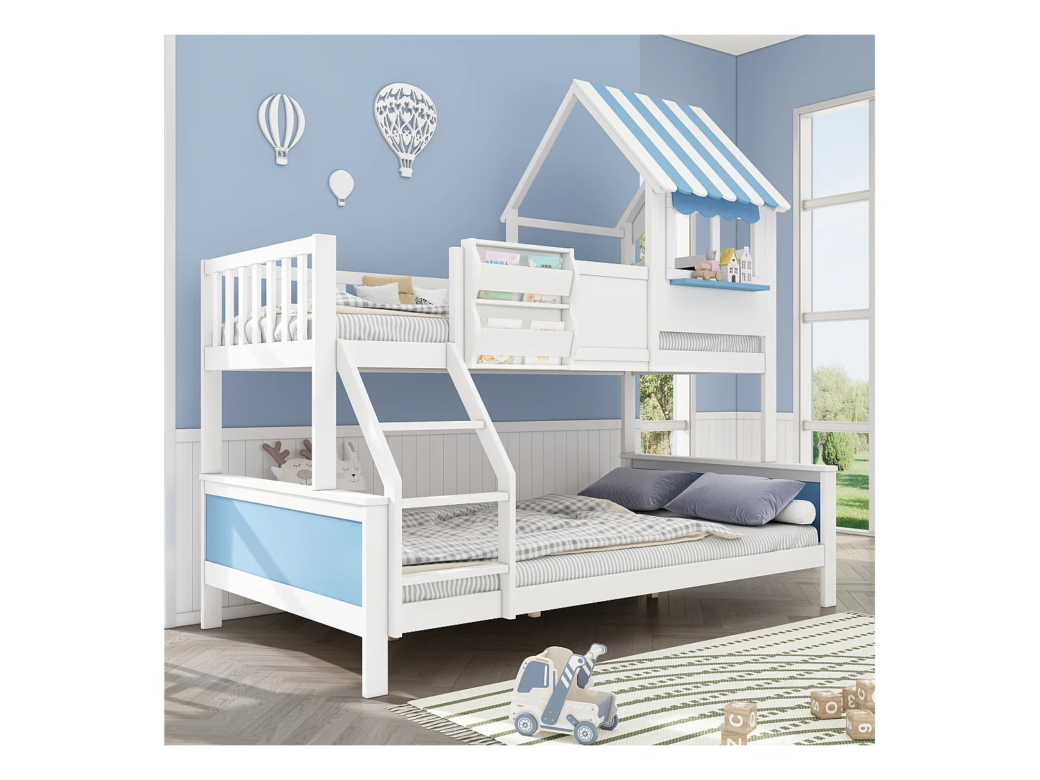 Litera 90x200cm + 120x200cm - madera maciza - con barandilla - con diseño de tejado - Blanco + Azul