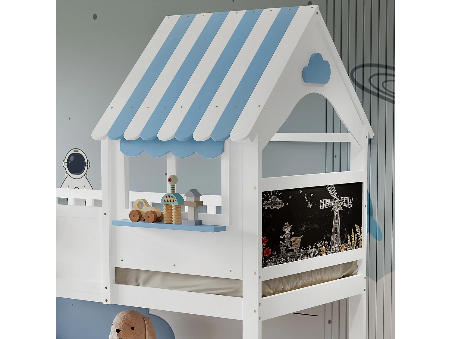 Lit superposé 90x200cm + 120x200cm - bois massif - avec garde-corps - avec forme de toit- Blanc + Bleu
